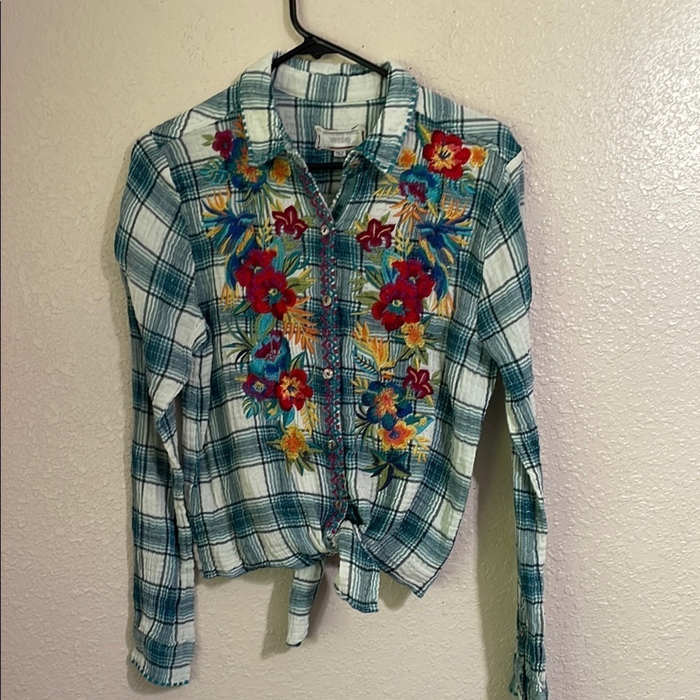 Johnny Was Worshop plaid front tie flannel top